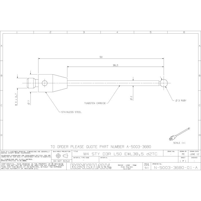 Trzpień prosty Renishaw (M4/L50/D3)